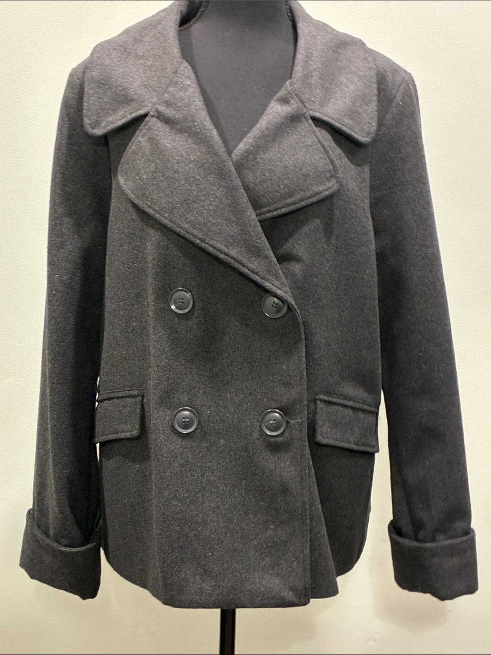 Larry Levine Charcoal Gray Double-Breasted Wool Pea Coat